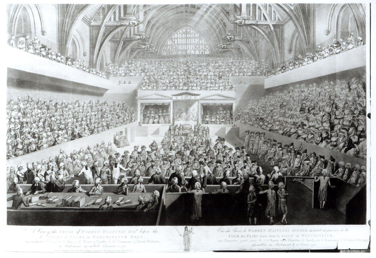 Et syn på rettssaken mot Warren Hastings (1732-1818) for Court of Peers i Westminster Hall. Riksrettssak levert ved Baren i House of Lords, av Commons of Great Britain, i parlamentet av English School