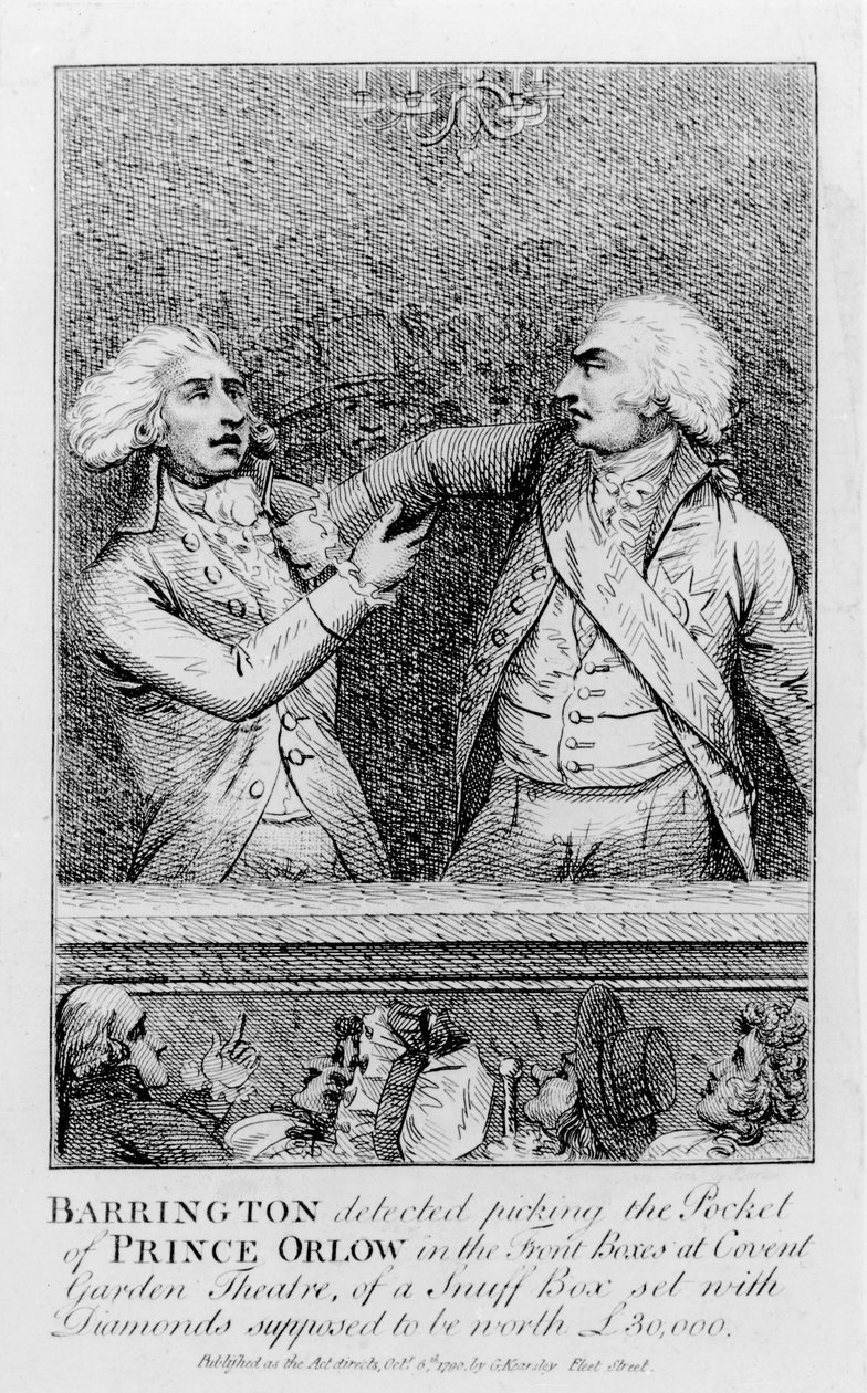 Barrington oppdaget å plukke lommen til Prince Orlow i frontboksene på Covent Garden Theatre, av et snusbokssett med diamanter som antas å være verdt 30 000 pund, pub. i 1790 (bundw s av English School