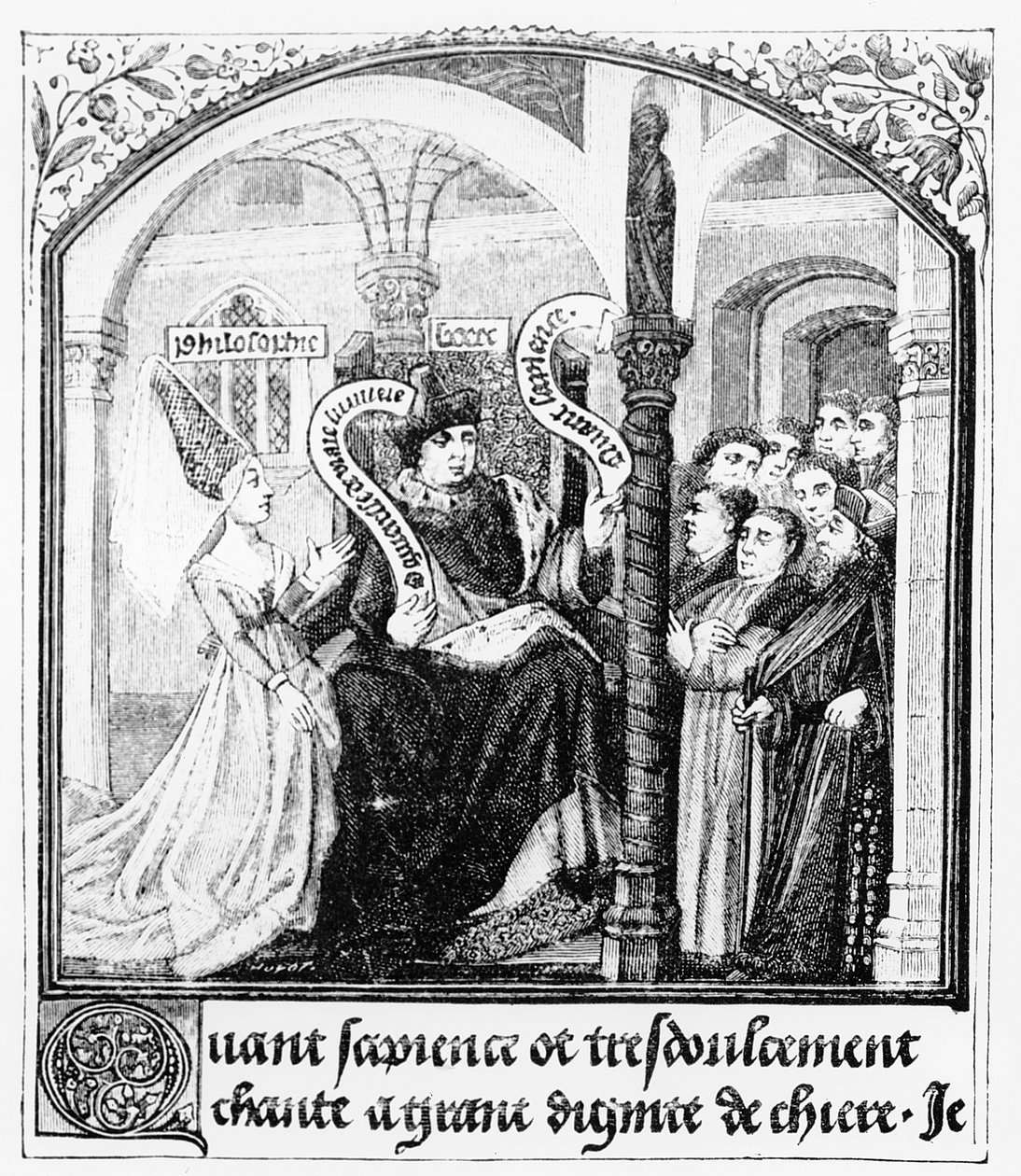Boethius (480-524) tar råd fra Dame Philosophy, miniatyr fra 