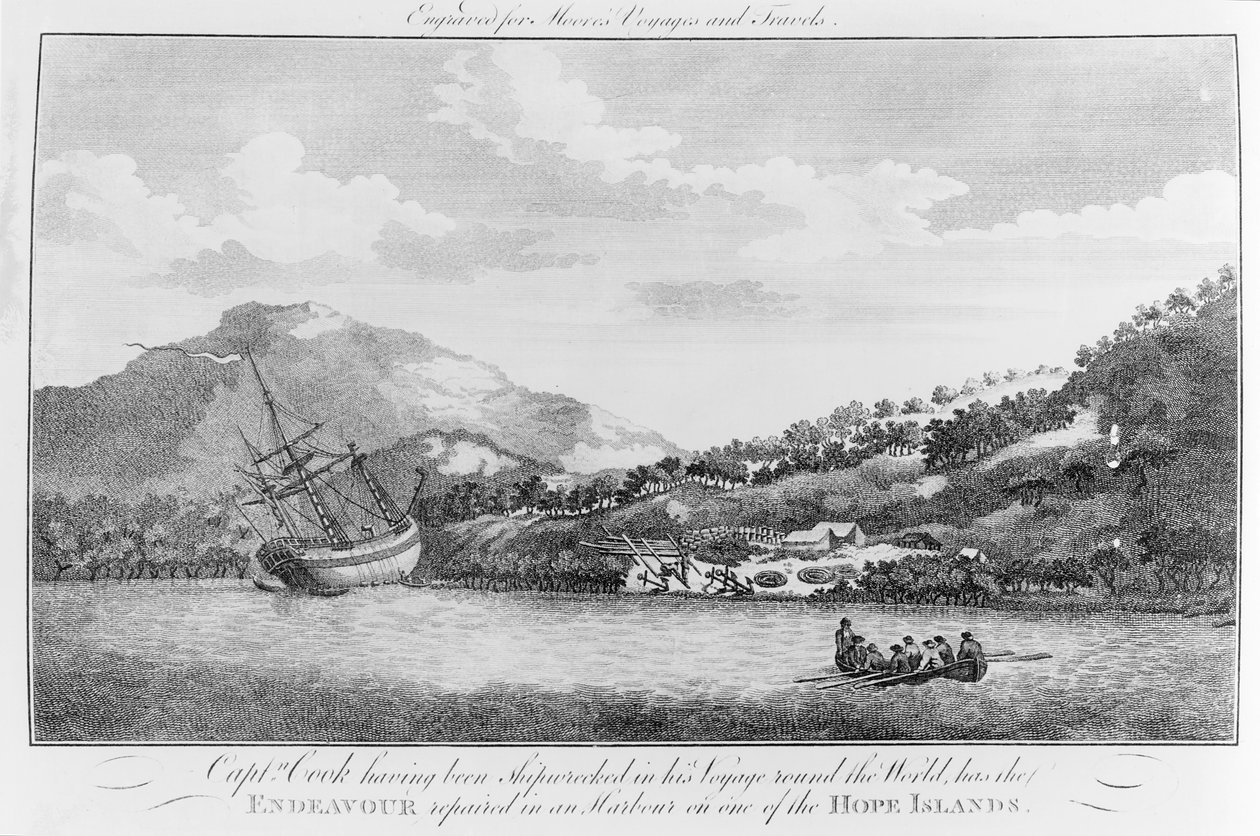 Kaptein Cook etter å ha blitt forlist på sin reise rundt jorden, har Endeavour reparert i en havn på en av Hope Islands, gravert for Moores "Voyages and Travels", 1700-tallet (engravi av English School