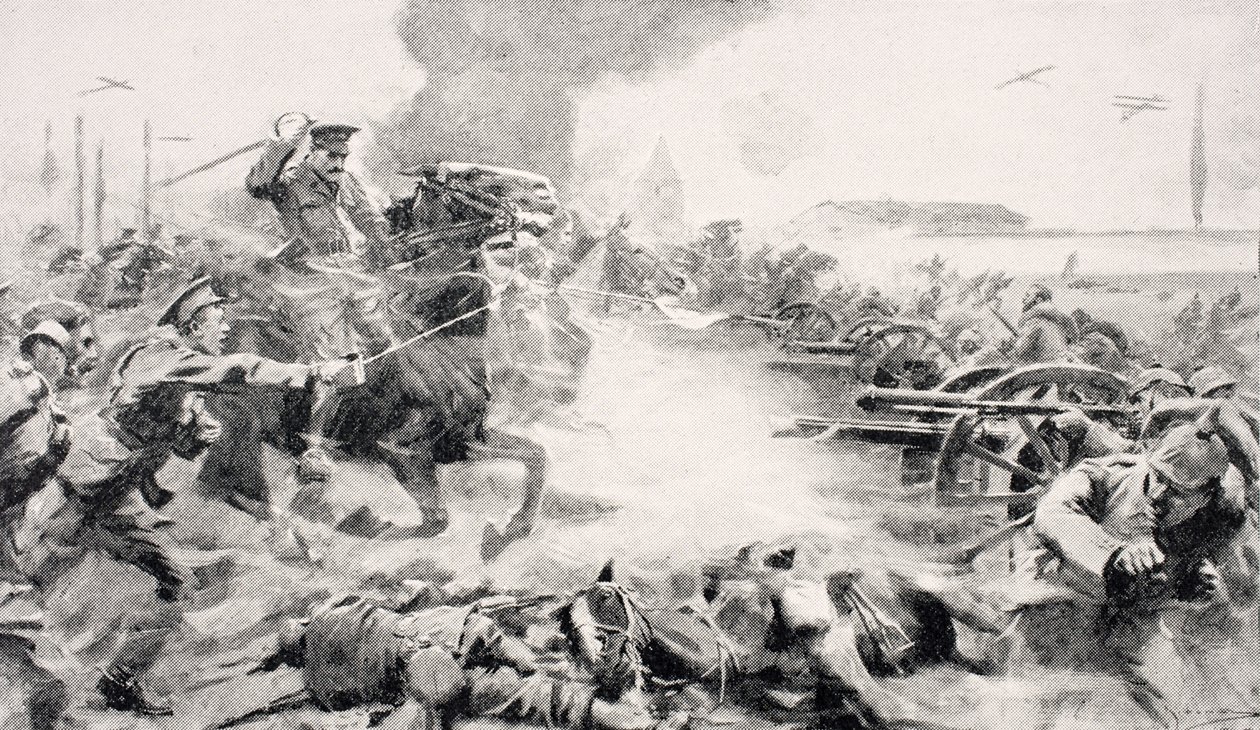 Kaptein F.O. Grenfell, VC, ledet anklagen mot 9. Lancers for å gjenerobre fangede våpen nær Doubon, 24. august 1914, fra 