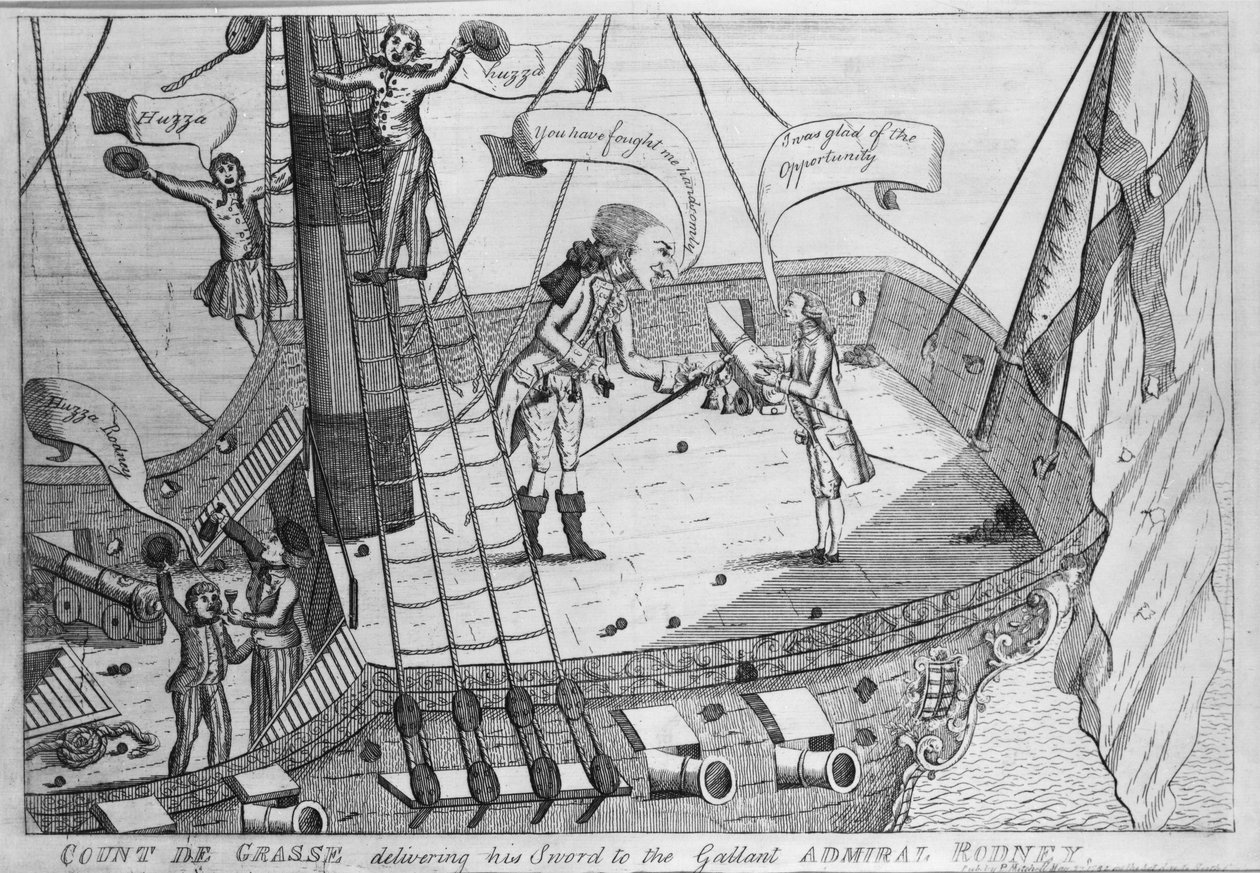 Grev de Grass leverer sverdet sitt til den galante admiral Rodney, trykk laget av Thomas Colley, 1782 (radering) av English School