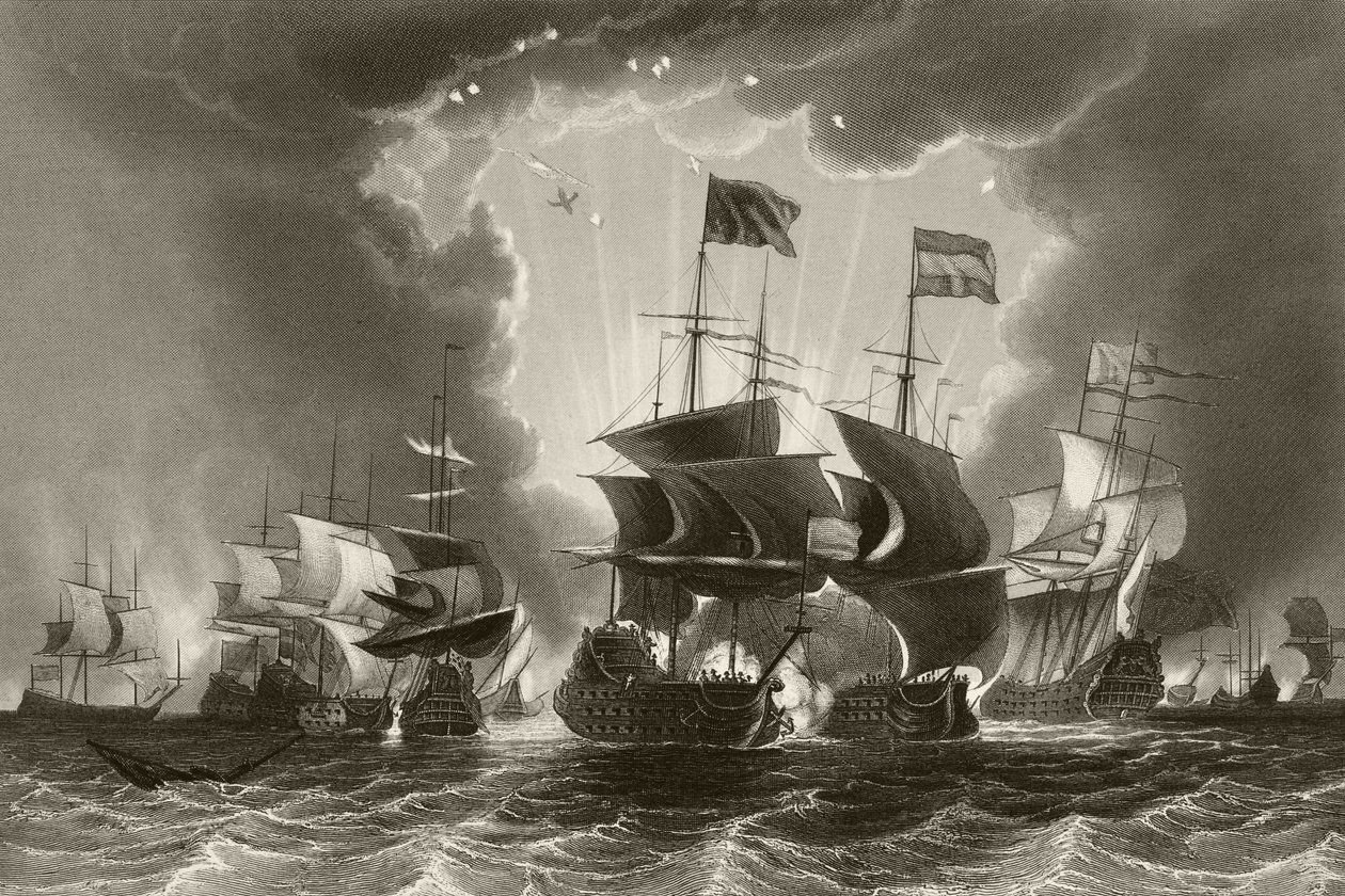 Nederlag for den nederlandske flåten av admiral Robert Blake i slaget ved Gabbard, 12. og 13. juni 1653, fra puben 