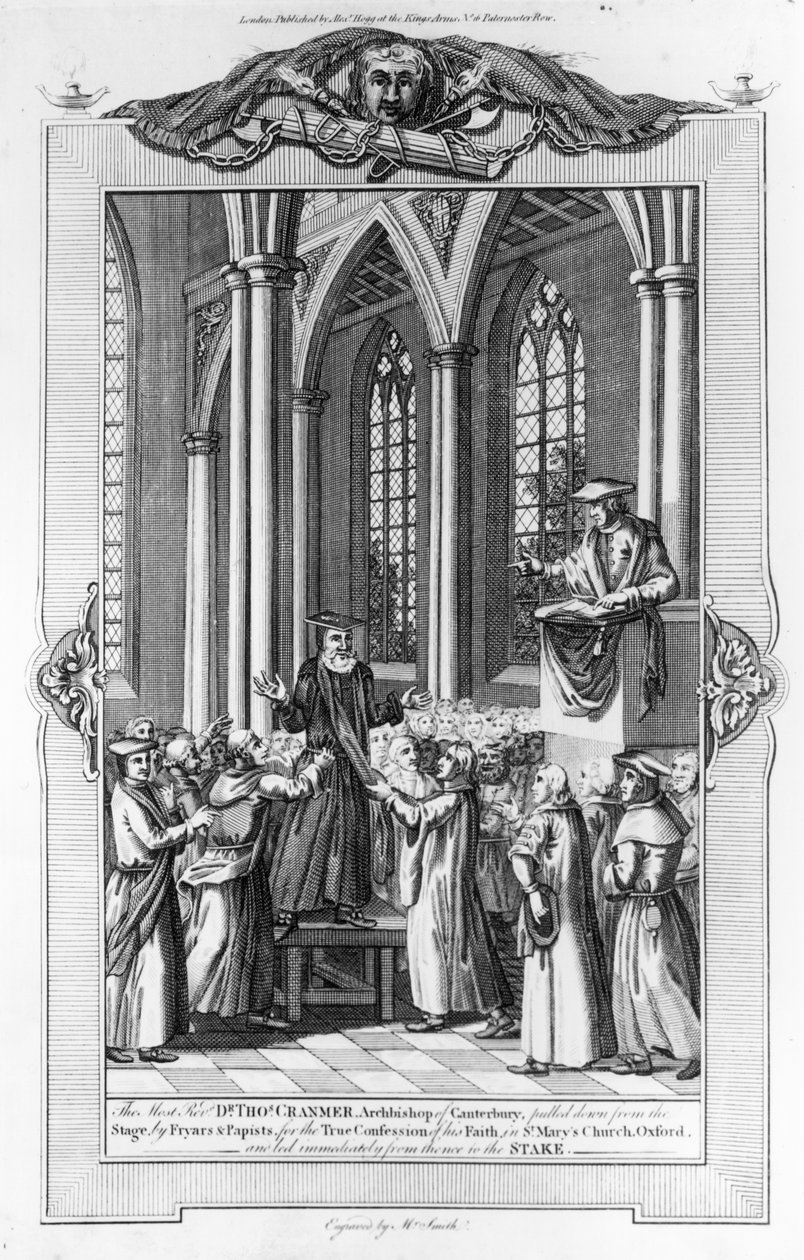 Dr. Thomas Cranmer (1489-1556) erkebiskop av Canterbury trukket ned fra scenen av brødre og papister for den sanne bekjennelsen av sin tro i St. Mary