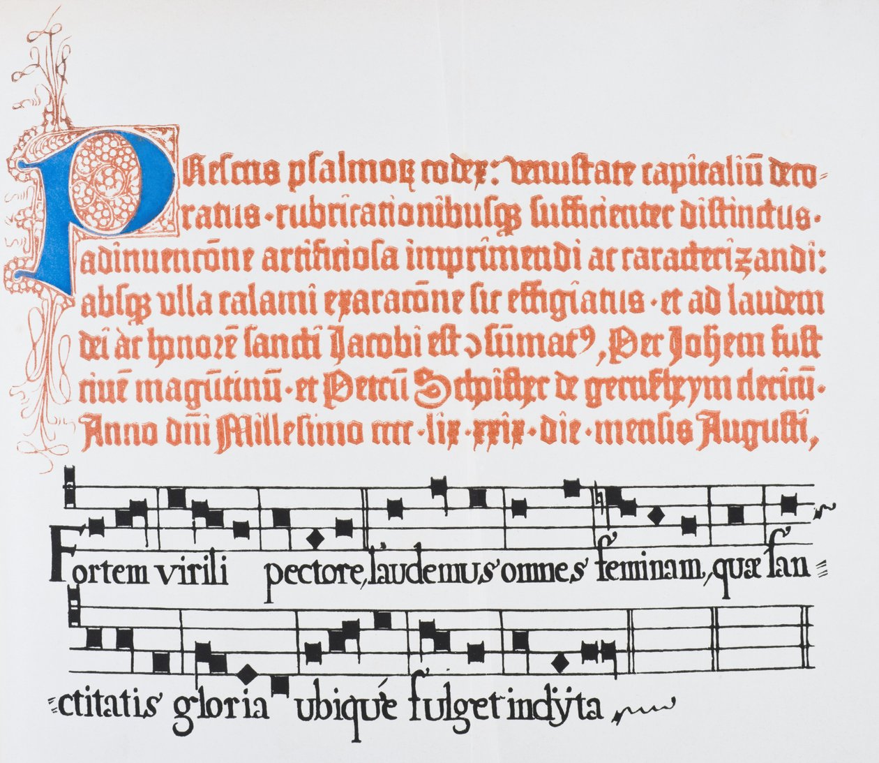 Faksimile av en side med opplyst stor 'P' fra 1459-utgaven av Fust og Schoiffers latinske psalter, fra 'The National and Domestic History of England' av William Hickman Smith Aubrey (1858- av English School