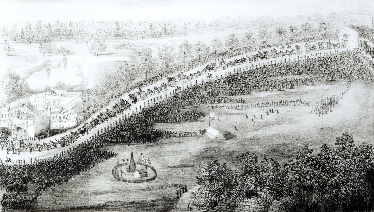 Hennes allernådigste majestet og eskorte som forlater palasset, fra en rekke fugleperspektiv tatt på dagen for dronning Victorias kroning, gravert av W Clerk, utgitt av GS Tregear, 28. juni 1838 av English School