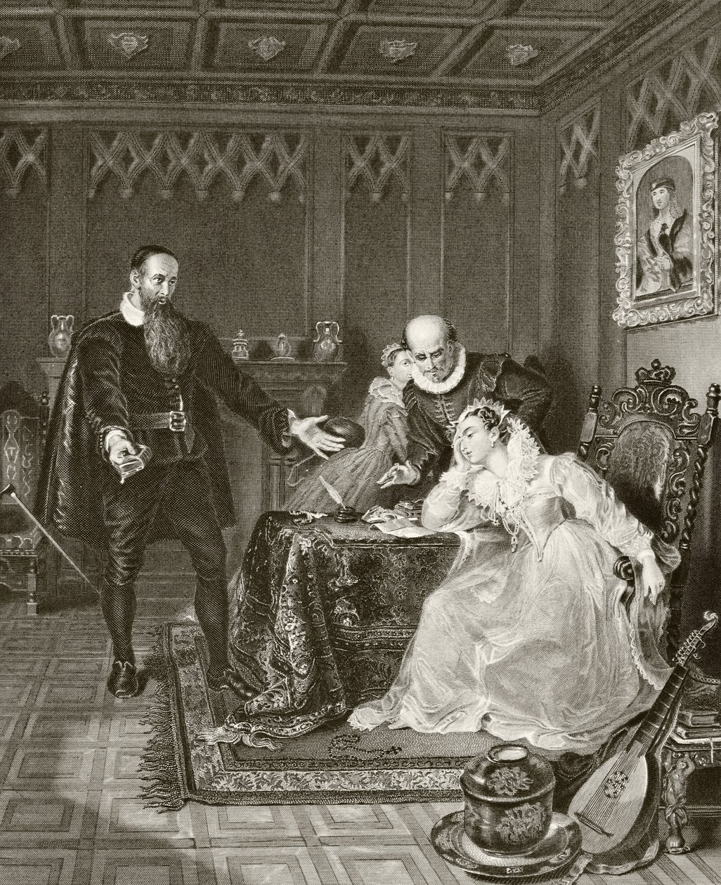 John Knox formaner Mary Queen of Scots om hennes planlagte ekteskap med Don Carlos, sønn av Philip II av Spania, 24. juni 1563, fra "The National and Domestic History of England" av William Hickman Smit av English School