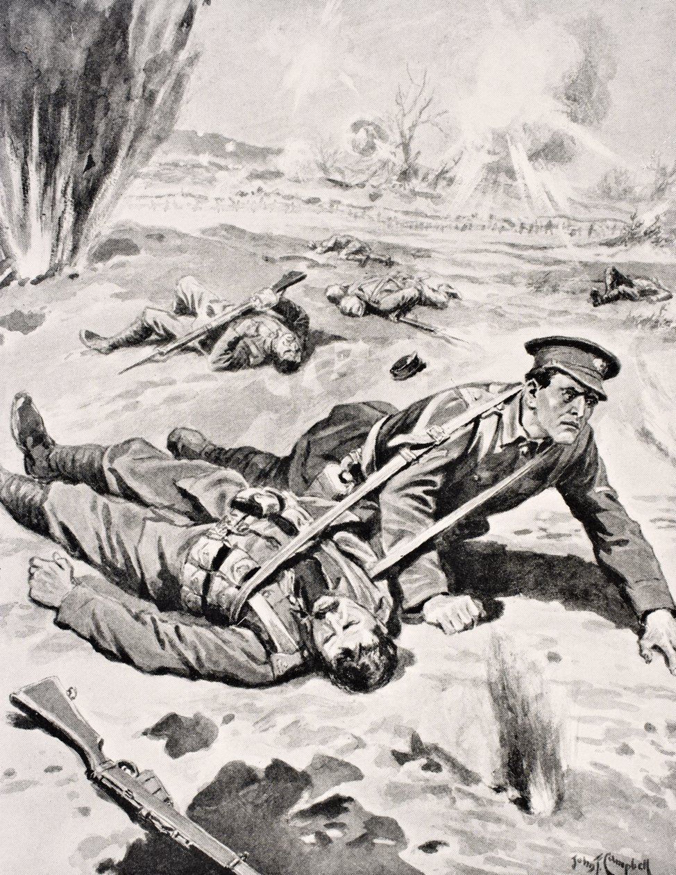 Underkorporal Joseph Tombs VC, med en av fire sårede kamerater han reddet nær Armentieres, Frankrike, 16. juni 1915, fra 