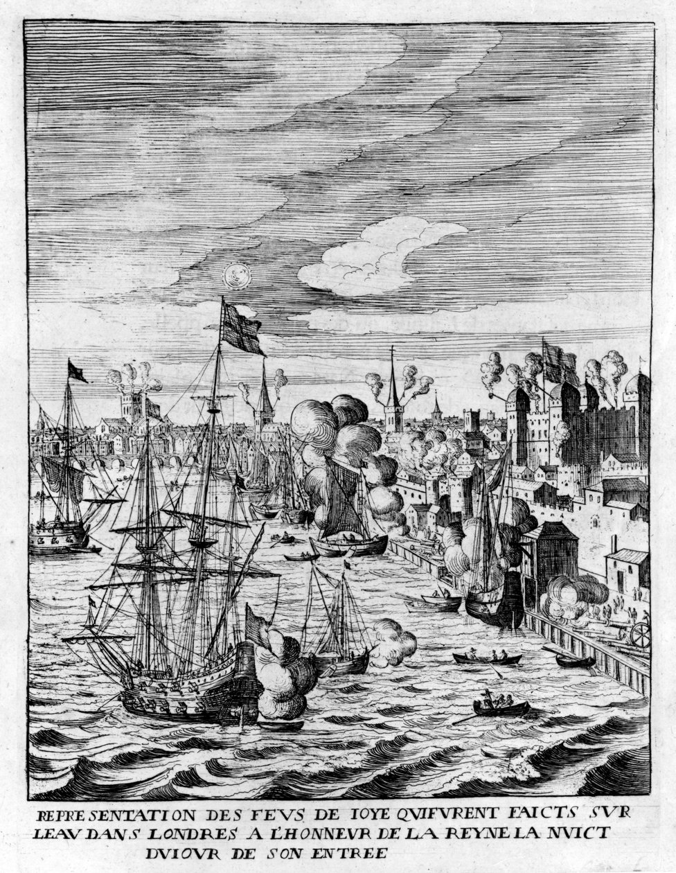 Tente bål i Tower of London og kanonild til ære for ankomsten av dronning Marie de Medici, illustrasjon fra 