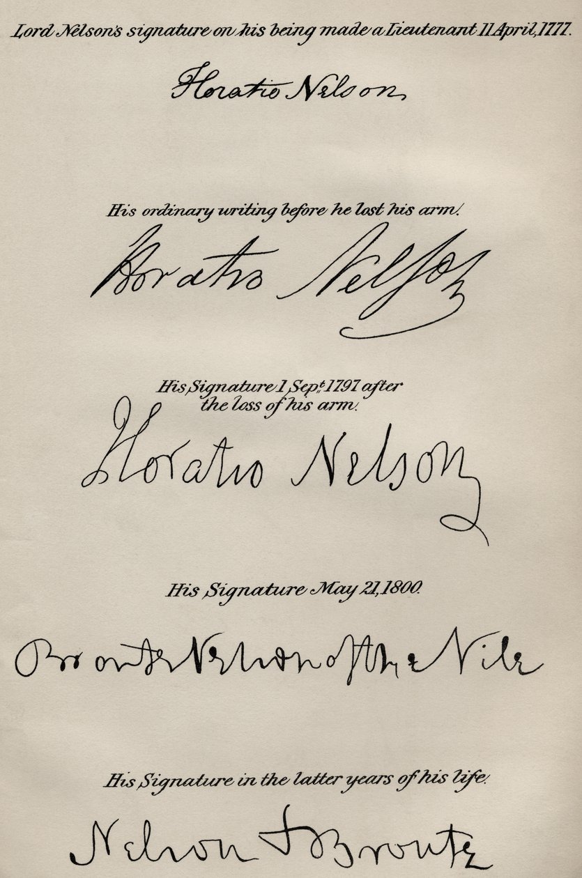 Lord Nelsons signaturer før og etter tapet av høyre arm, fra 