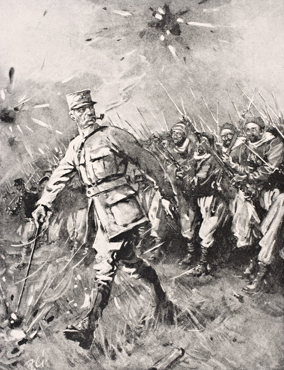 Major Jean-Baptiste Marchand, med pipe i munnen, stokk i hånden, leder Zouave og marokkanske enheter mot den tyske fiendens vestfront 1915, fra 