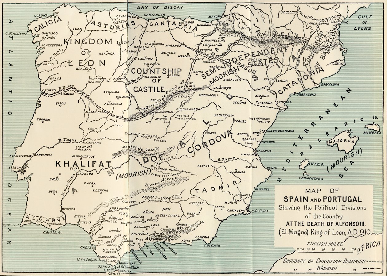 Kart over Spania og Portugal som viser de politiske skillene i landet ved døden til Alfonso III, kongen av Leon, fra 