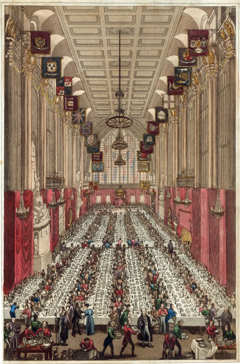Representasjon av interiøret i Guildhall i anledning besøket av kongen og dronningen, på innvielsesmiddagen til Ald. Nøkkel til borgmesterskapet i London, 9. november 1830 av English School