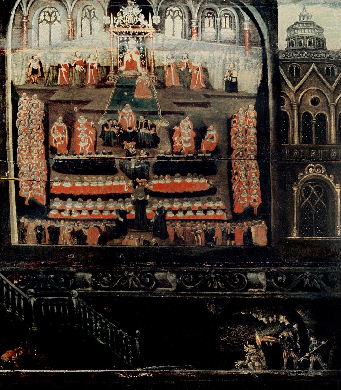 Høyre side av Diptych som viser parlamentet til James I av England, VI av Skottland (1566-1625) og kruttplott, detalj av kruttplottere fra nedre høyre hjørne (olje på s. av English School