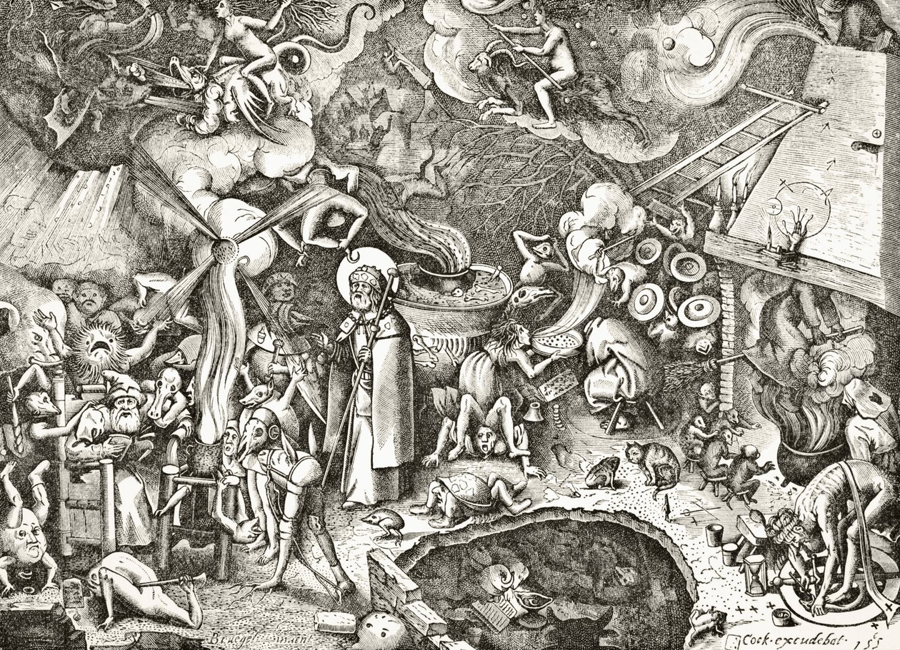 St. Jakob den eldre som bekjemper de djevelske fortryllelsene til en magiker, gravert på 1500-tallet etter en komposisjon av Brueghel den eldre, fra "Vitenskap og litteratur i middelalderen" av Pau av English School