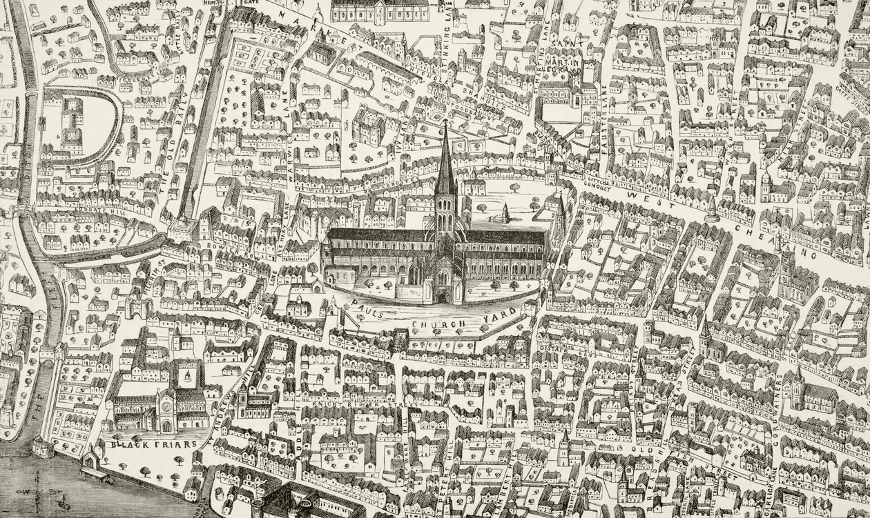 St. Paul's Cathedral og omegn på Henry VIIIs tid, fra 'The National and Domestic History of England' av William Hickman Smith Aubrey (1858-1916) publisert London, ca. 1890 av English School