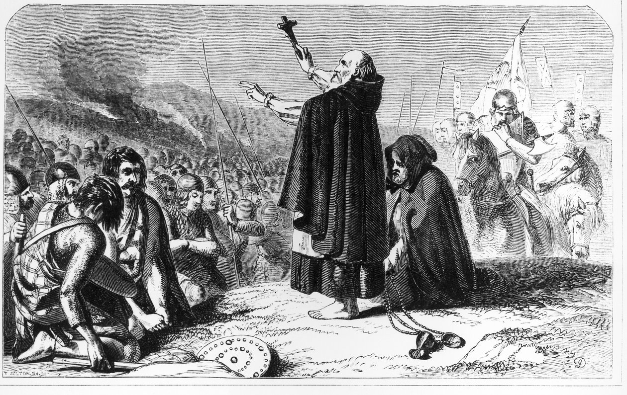 Abbeden av Inchaffray velsigner den skotske hæren før slaget ved Bannockburn, 21. juni 1314, gravert av T. Bolton (gravering) (bundw-foto) av English School