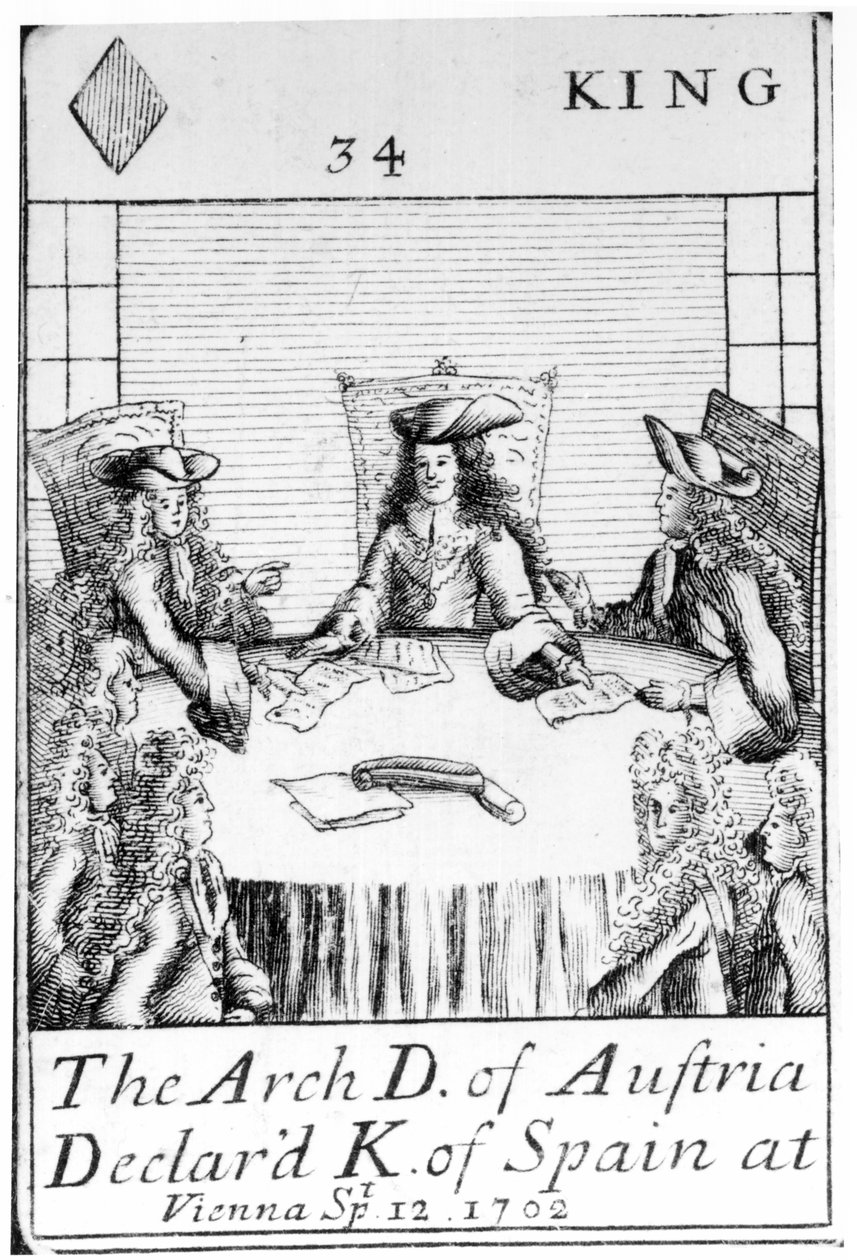 Erkehertugen av Østerrike erklærte konge av Spania i Wien, 12. september 1702, konge av diamanter som spillekort fra et sett til minne om den spanske arvefølgekrigen (1702-13) av English School