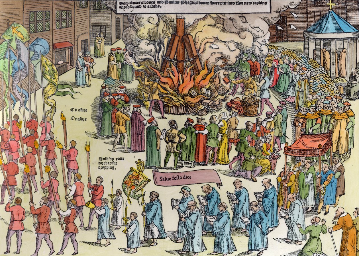 The Burning of the Remains of Martin Bucer (1491-1551) og Paul Fagius (1504-49) på Market Hill i Cambridge i 1557, fra 