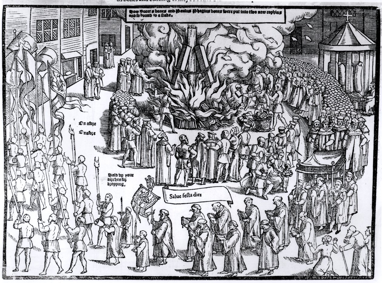 The Burning of the Remains of Martin Bucer (1491-1551) og Paul Fagius (1504-49) på Market Hill i Cambridge i 1557, fra 