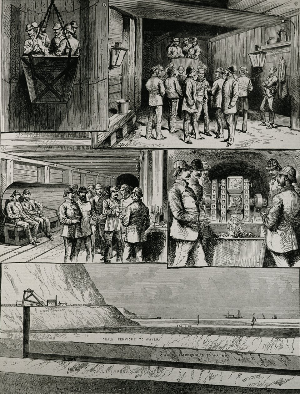 Channel Tunnel Works at Dover: Going Down in the Cage; Ankomst ved bunnen av skaftet; Swindon Junction; Trykkluftboremaskin; Seksjon av tunnelen, fra 
