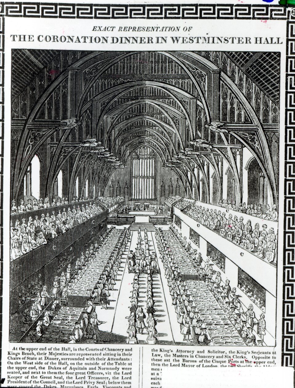 Kroningsbanketten i Westminster Hall, fra en bok til minne om kroningen av kong William III (1650-1702) og dronning Mary II (1662-94) av Francis Sandford (1630-94) av English School