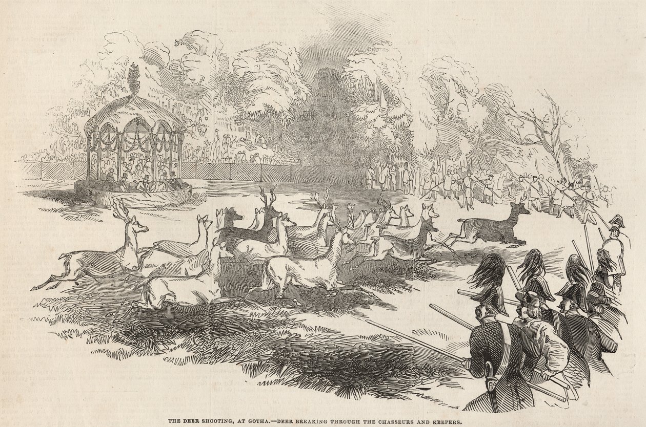 The Deer Shooting at Gotha: Deer breaking through the Chasseurs and Keepers, fra 
