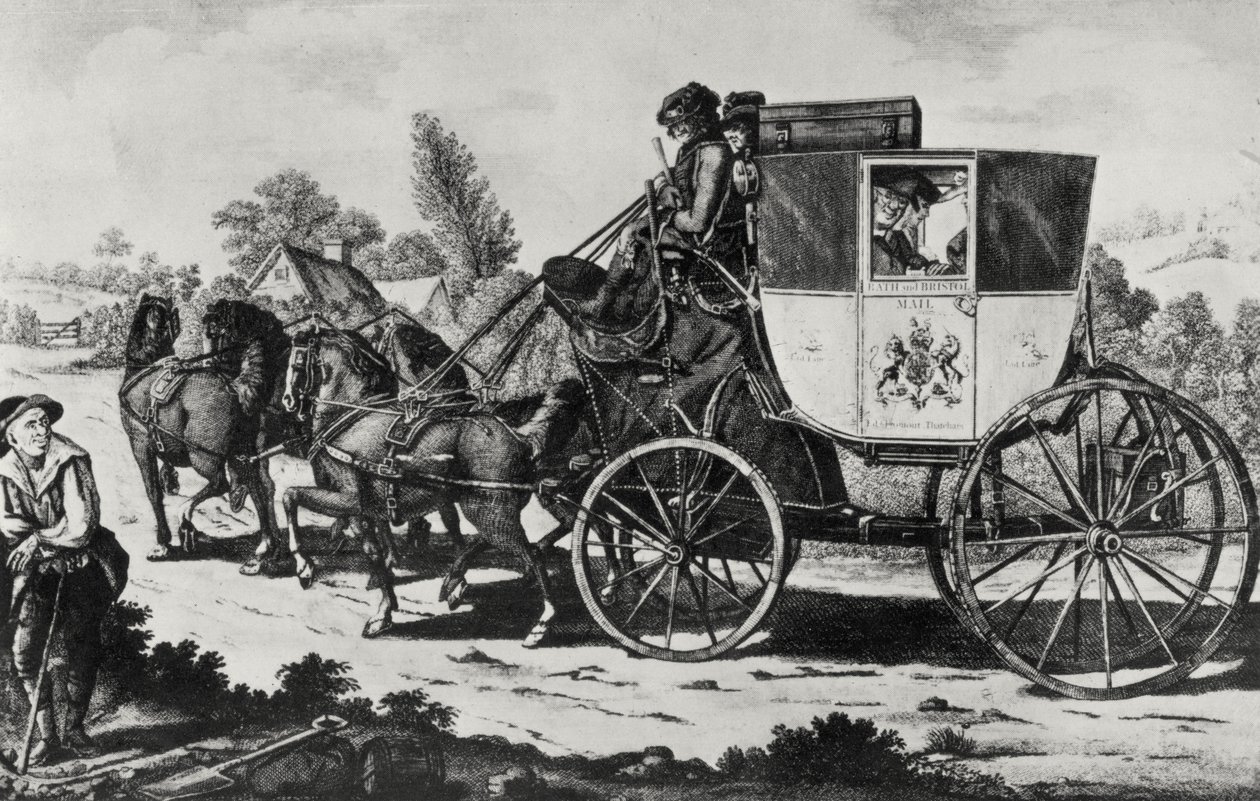 The First Mail Coach, 1784 (gravering) (bundw-foto) av English School