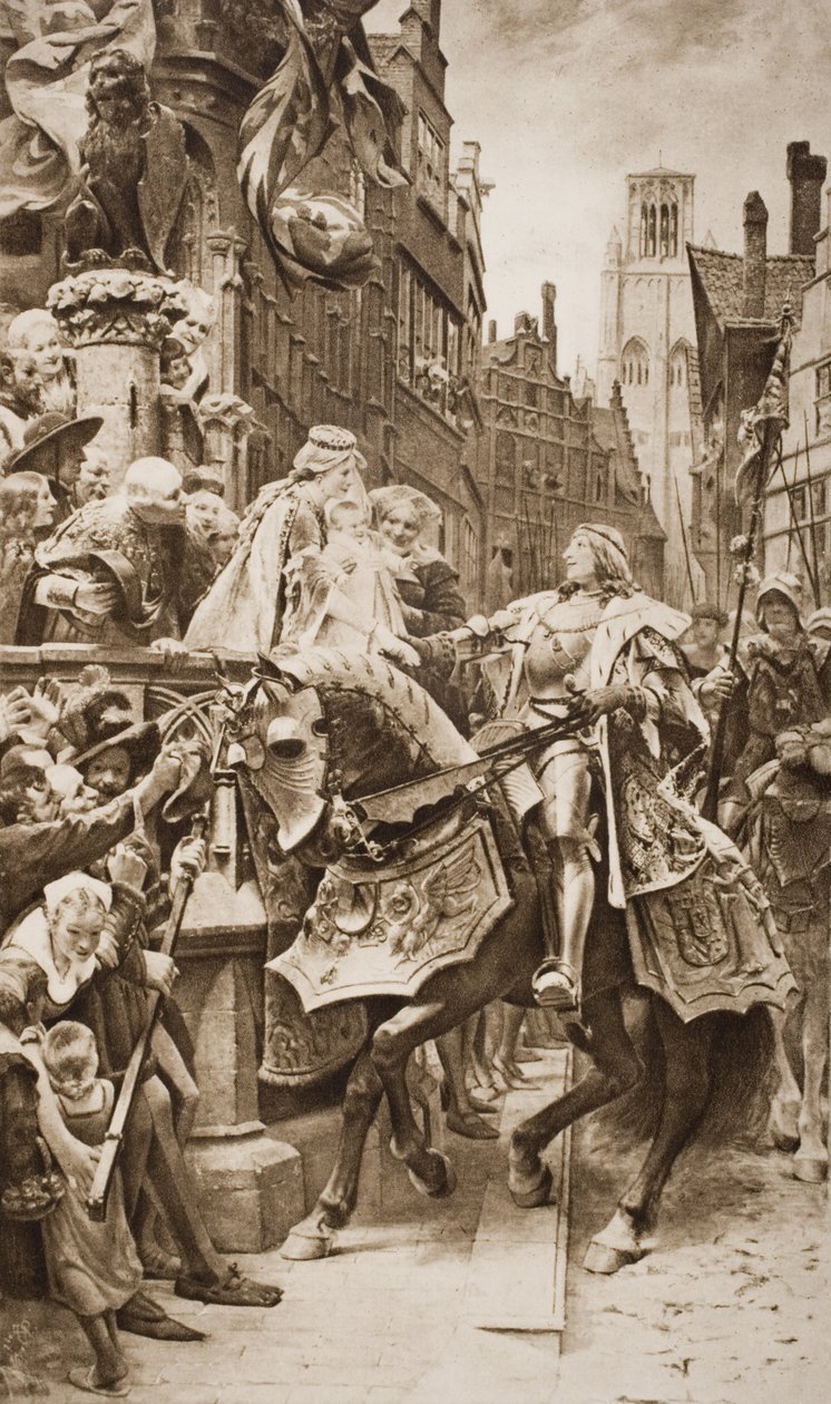 Den hellige romerske keiser Maximilian I og hans kone, Maria av Burgund, med deres førstefødte, Filip av Gent, illustrasjon fra 