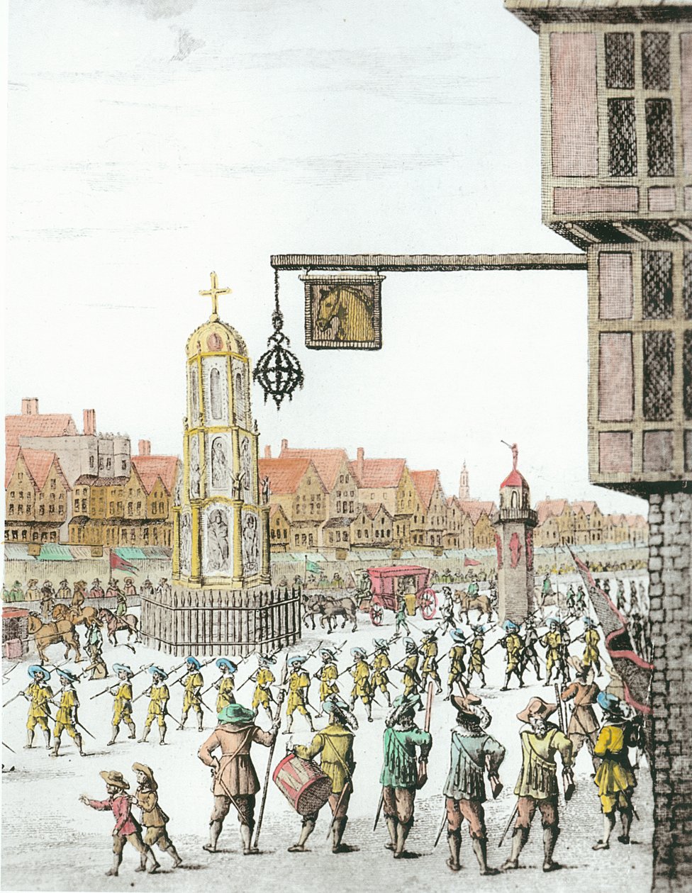 The Procession of Marie de Medici langs Cheapside, 1638, utgitt av William Herbert (1771-1851) og Robert Wilkinson (fl.1785-1825) 1809 (detalj av 257497) (senere fargelegging) av English School