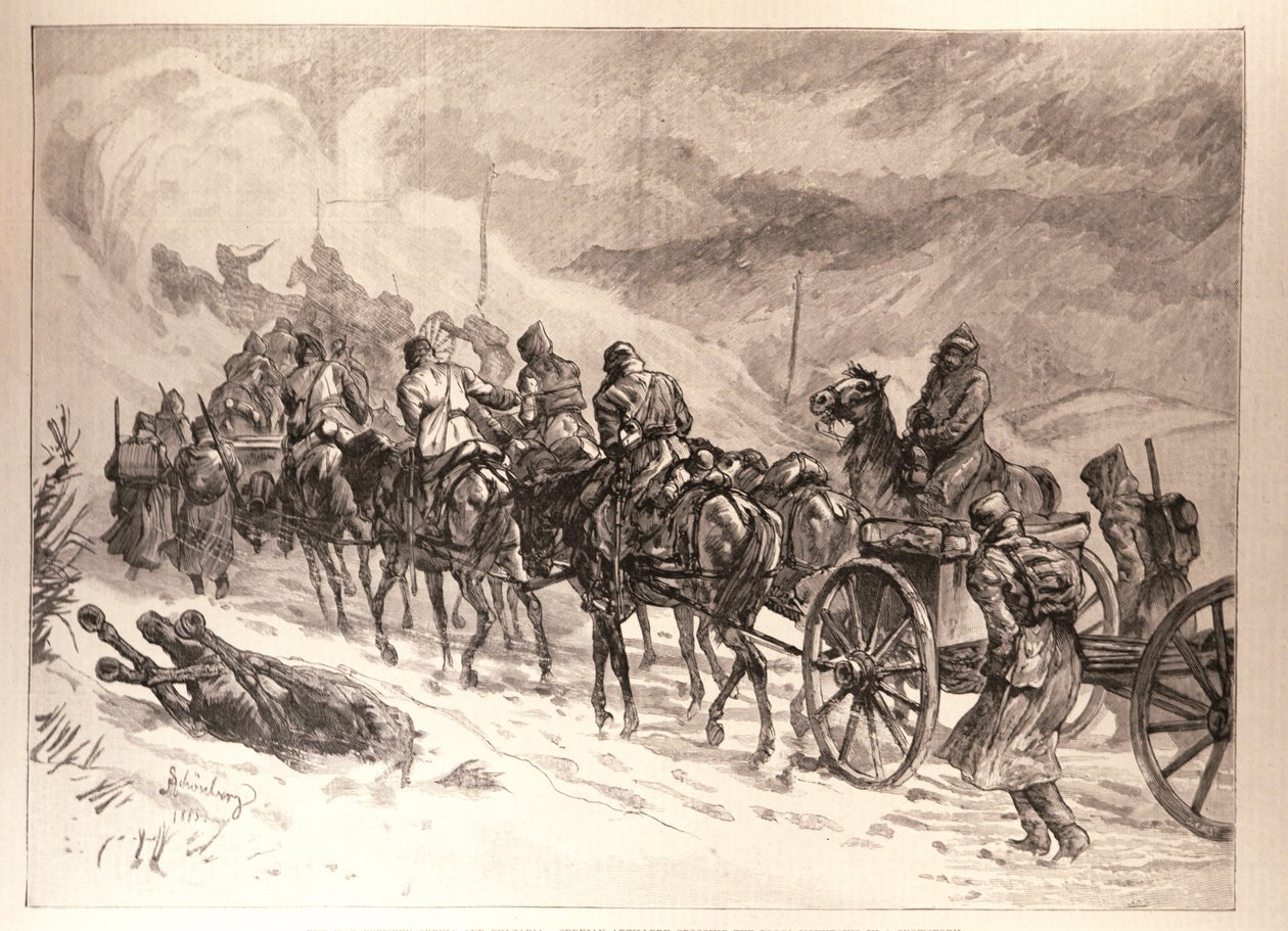 The War Between Servia and Bulgaria: Servian Artillery Crossing the Ploca Mountains in a Snowstorm, fra en skisse av J. Schonberg, fra 