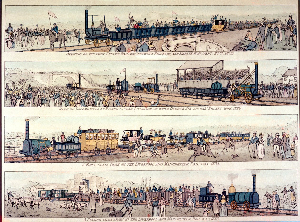 Åpningen av Stockton og Darlington jernbane, 1825; Lokomotivløp ved Rainhill, nær Liverpool, vunnet av George Stephensons 
