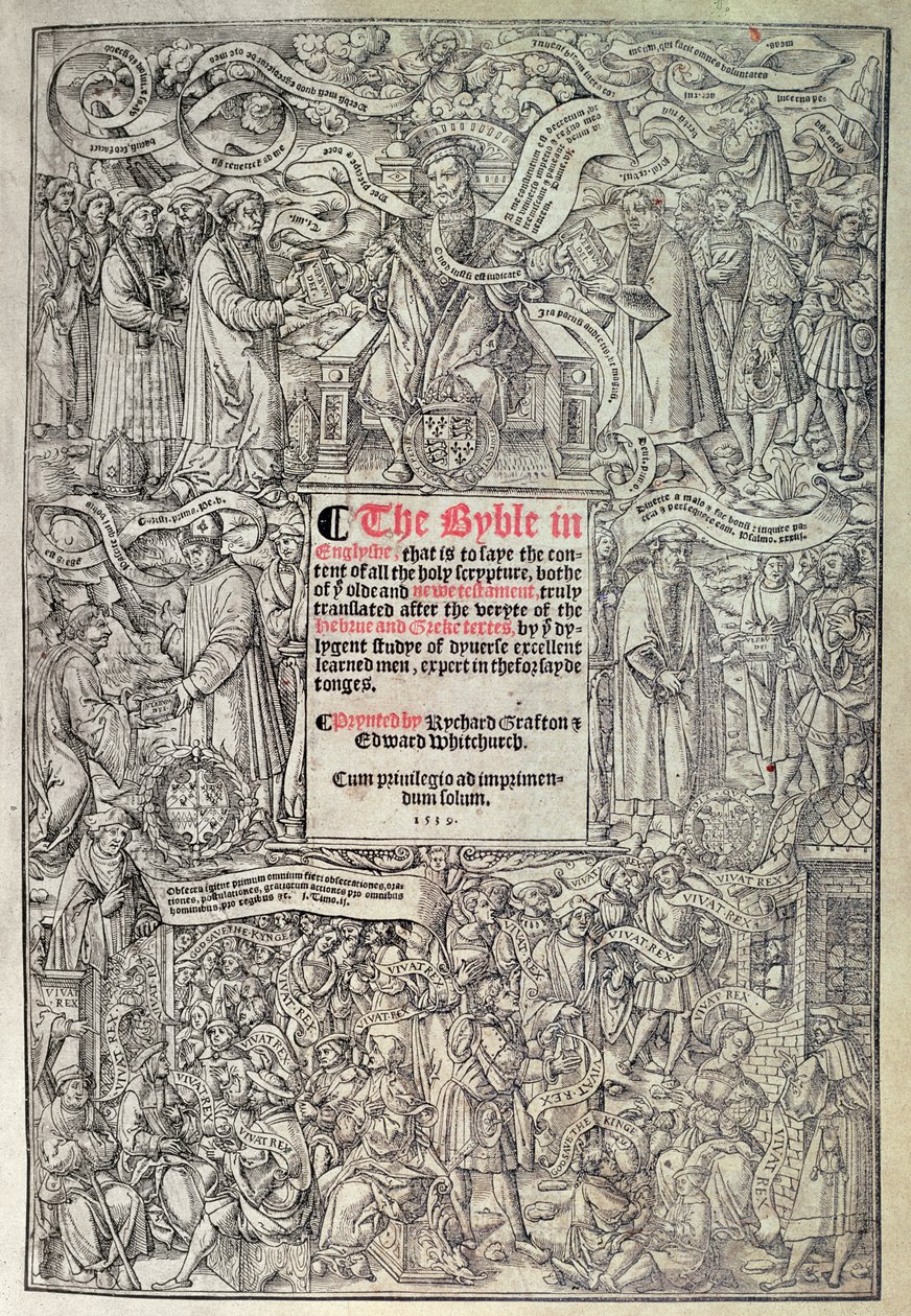 Tittelside som introduserer engelsk oversettelse av den store bibelen, oversatt fra de hebraiske og greske tekstene og trykt av Richard Grafton og Edward Whitchurch, ca. 1539 (tresnitt) av English School