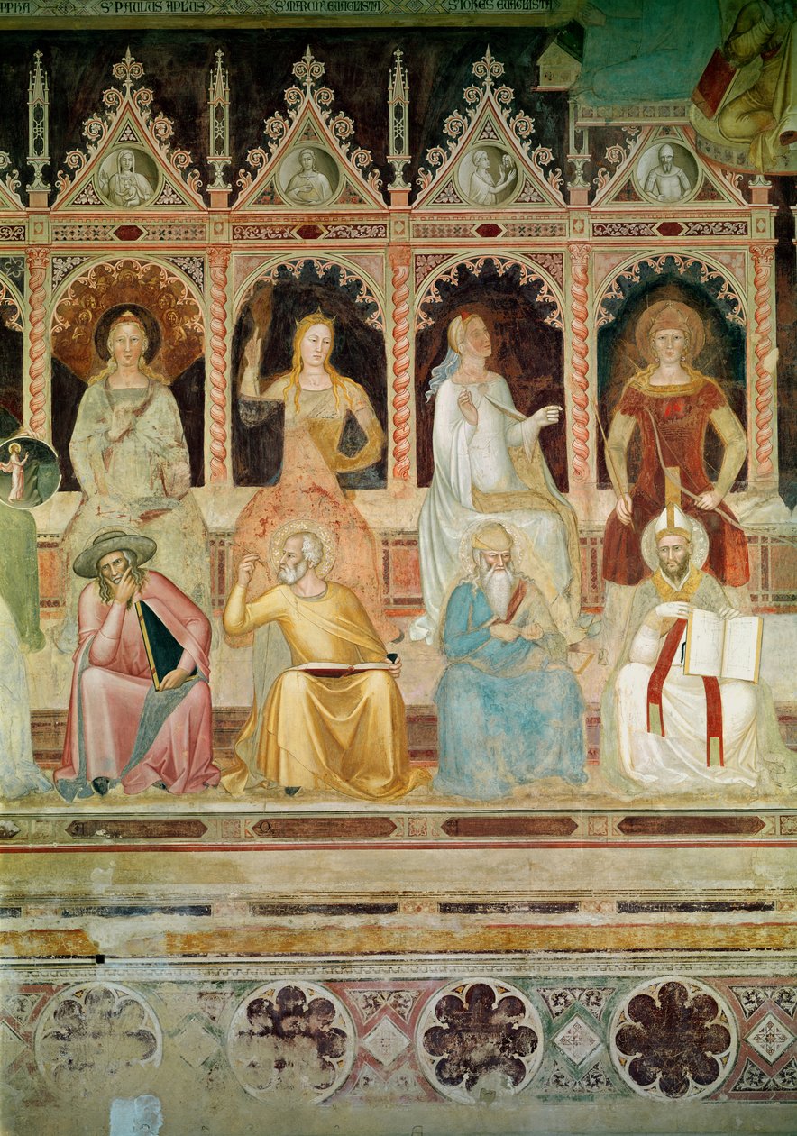 The Triumph of the Catholic Doctrine, detalj av praktisk teologi og Boethius, Hope og St. John Damascene, Faith og St. Denys the Areopagite, Charity og St. Augustine, fra det spanske kapellet, 13 av Andrea di Bonaiuto