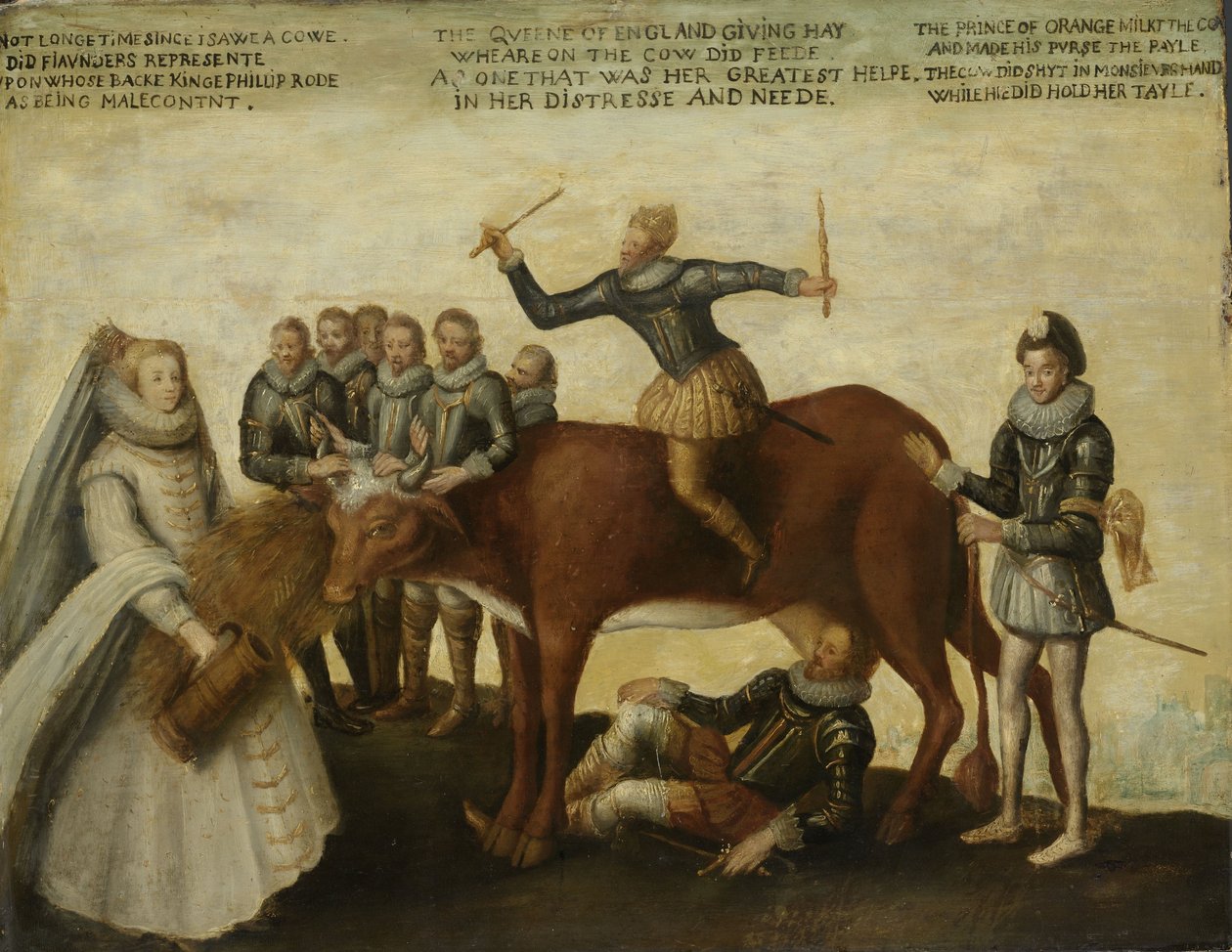 Melkekua: De nederlandske provinsene, opprør mot den spanske kongen Filip II, ledes av prins William av Orange, statens generelle oppfordring til dronning Elizabeth I om bistand av Anonymous