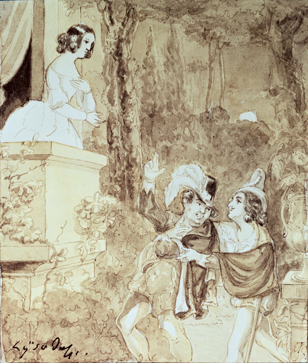 Leporello serenade Elvira i form av Don Giovanni (Don Juan) som står bak ham, akt II scene I, fra 