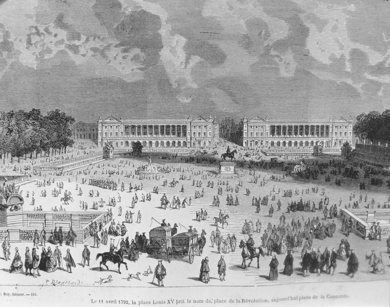 Den 11. april 1792 ble Place Louis XV omdøpt til Place de la Revolution og kalles i dag Place de la Concorde, illustrasjon fra 