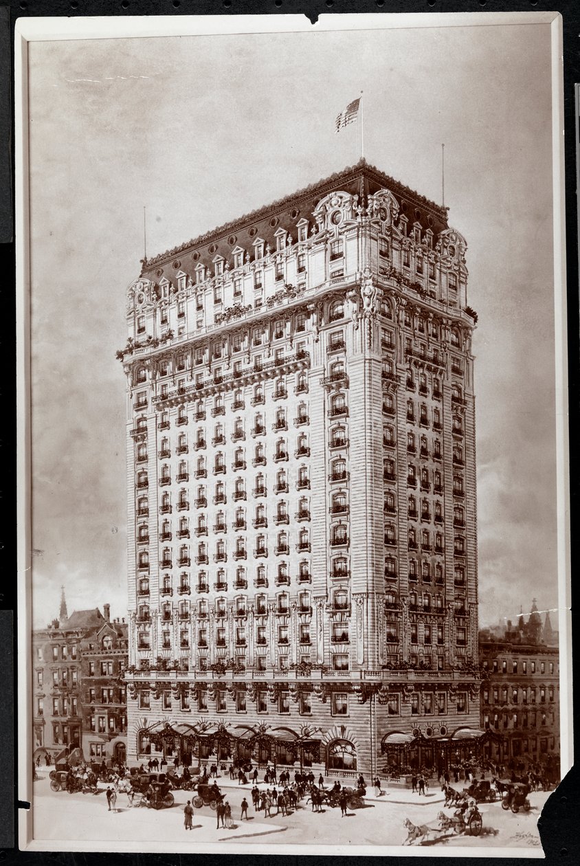 Fotografi av en tegning av St. Regis Hotel, sørøstre hjørne av 5th Avenue og 55th Street, New York, av Hughson Frederick Hawley (1850-1936), 1902 (sølvgelatintrykk) av Byron Company