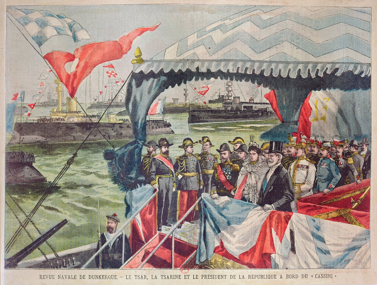 Naval Review i Dunkirk: Tsar Nicolas II med sin kone, Tsarina Alexandra med president Loubet om bord på torpedokanonbåten 