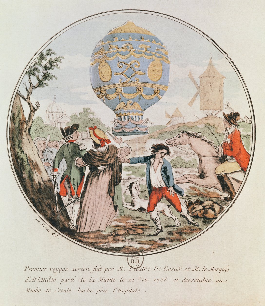 Den første flyreisen av Monsieur Francois Pilatre de Rozier (1754-85) og markisen av Arlandes (1742-1809) fra Muette til vindmøllen ved Croule-Barbe, 21. november 1783 av De Frene