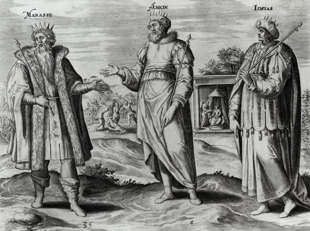 Manasse (697-642 f.Kr.) Amon (642-640 f.Kr.) og Josiah (640-609 f.Kr.) (gravering) (bw-foto) av Dutch School