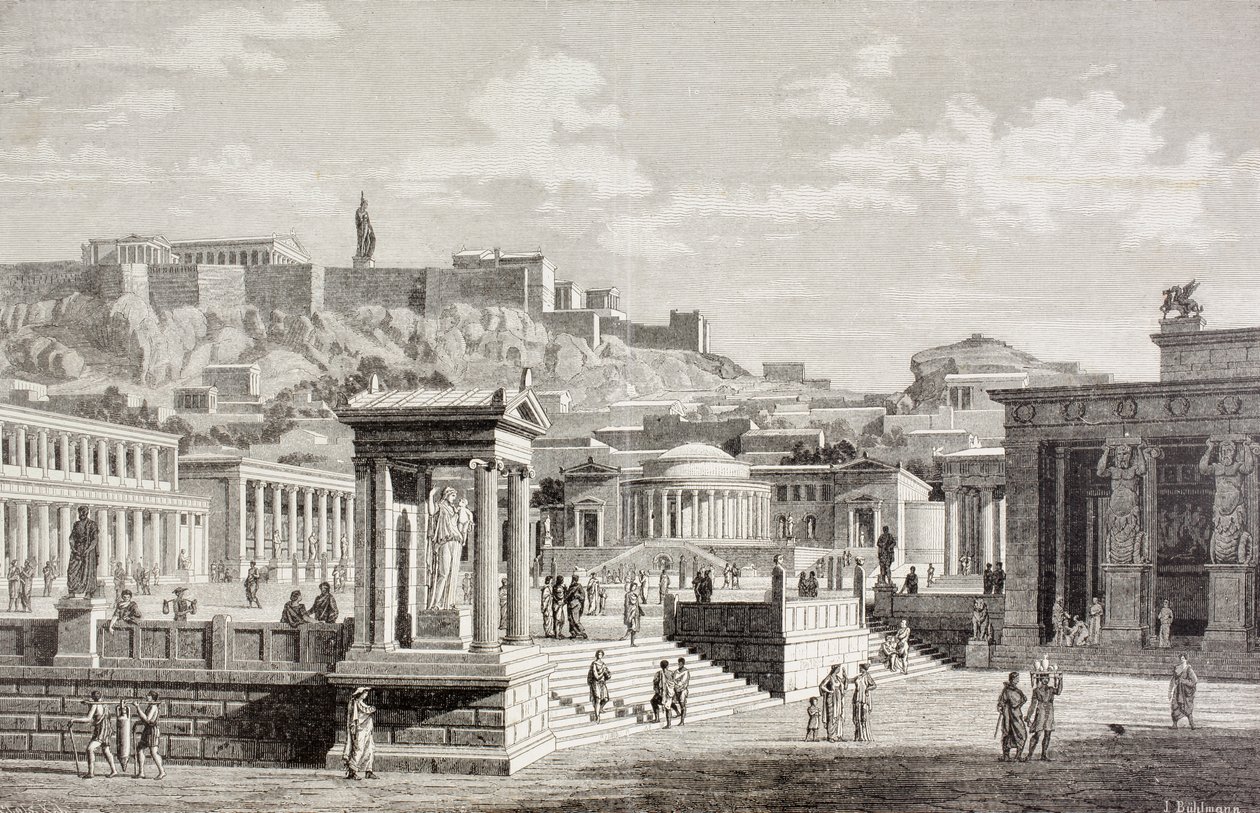 Fantasifull utsikt over markedsplassen til Agora i Athen, antikkens Hellas, fra 
