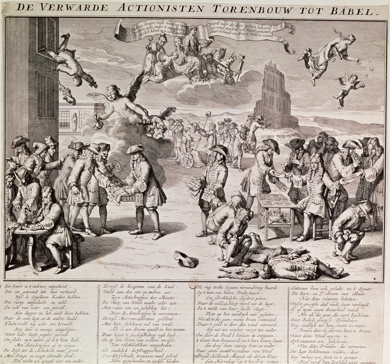 Tegneserie som viser det katastrofale eksperimentet med papirpenger av skotten John Law under hans tid som generalkontrollør for franske finanser mellom januar og mai 1720 av Flemish School