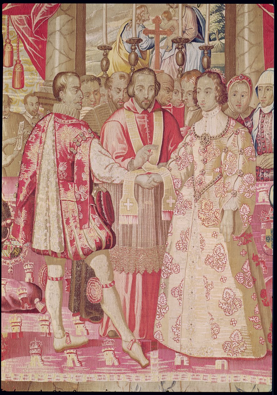 Karl V-teppet som viser ekteskapet til Karl V (1500-58) med Isabella av Portugal (1503-39) i 1526, detalj av kardinalen som velsigner paret, Brugge, ca. 1630-40 (detalj av 78692) av Flemish School