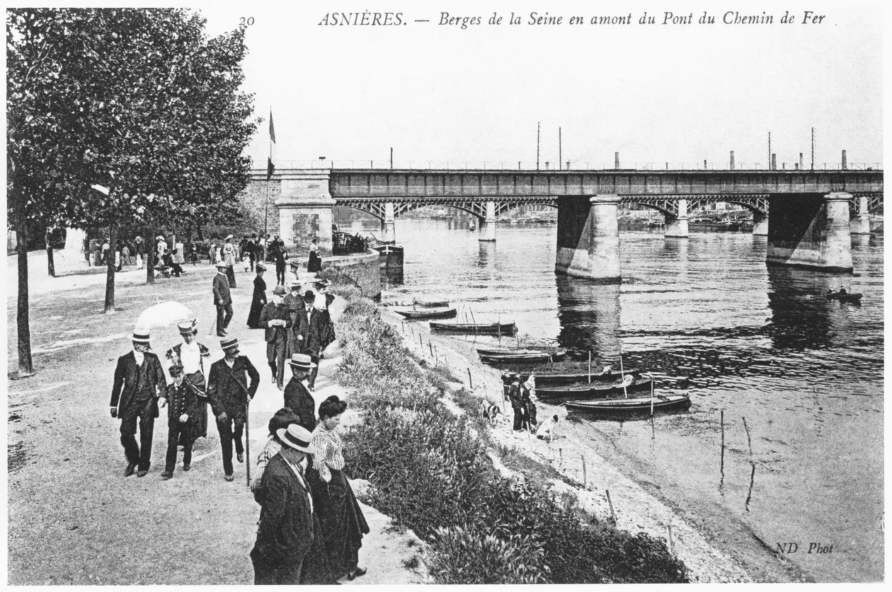 Asnieres, bredden av elven Seine og jernbanebroen, ca. 1900 av French Photographer