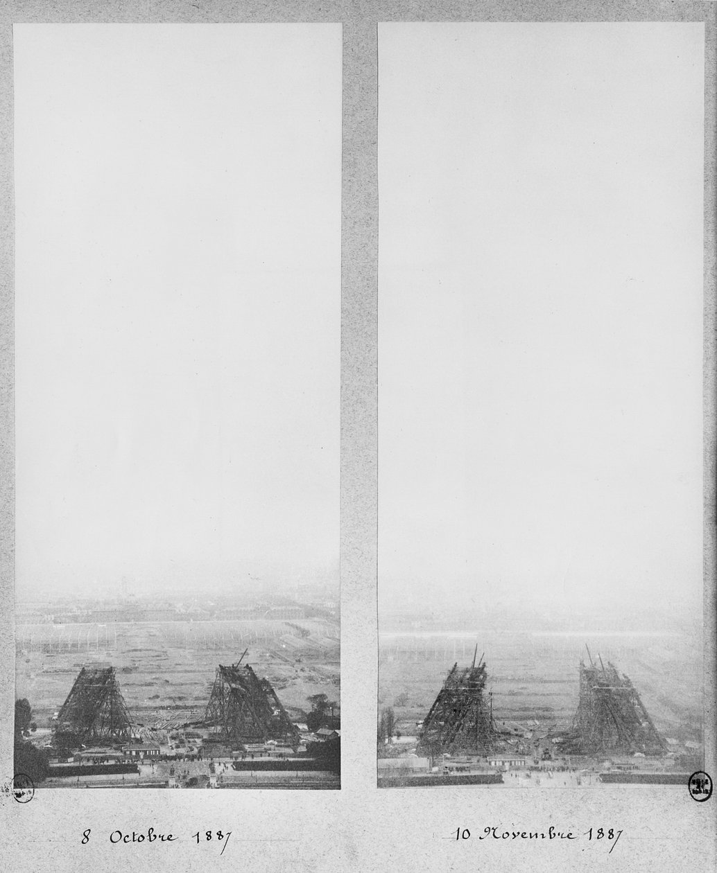 To visninger av byggingen av Eiffeltårnet, Paris, 8. oktober og 10. november 1887 av French Photographer