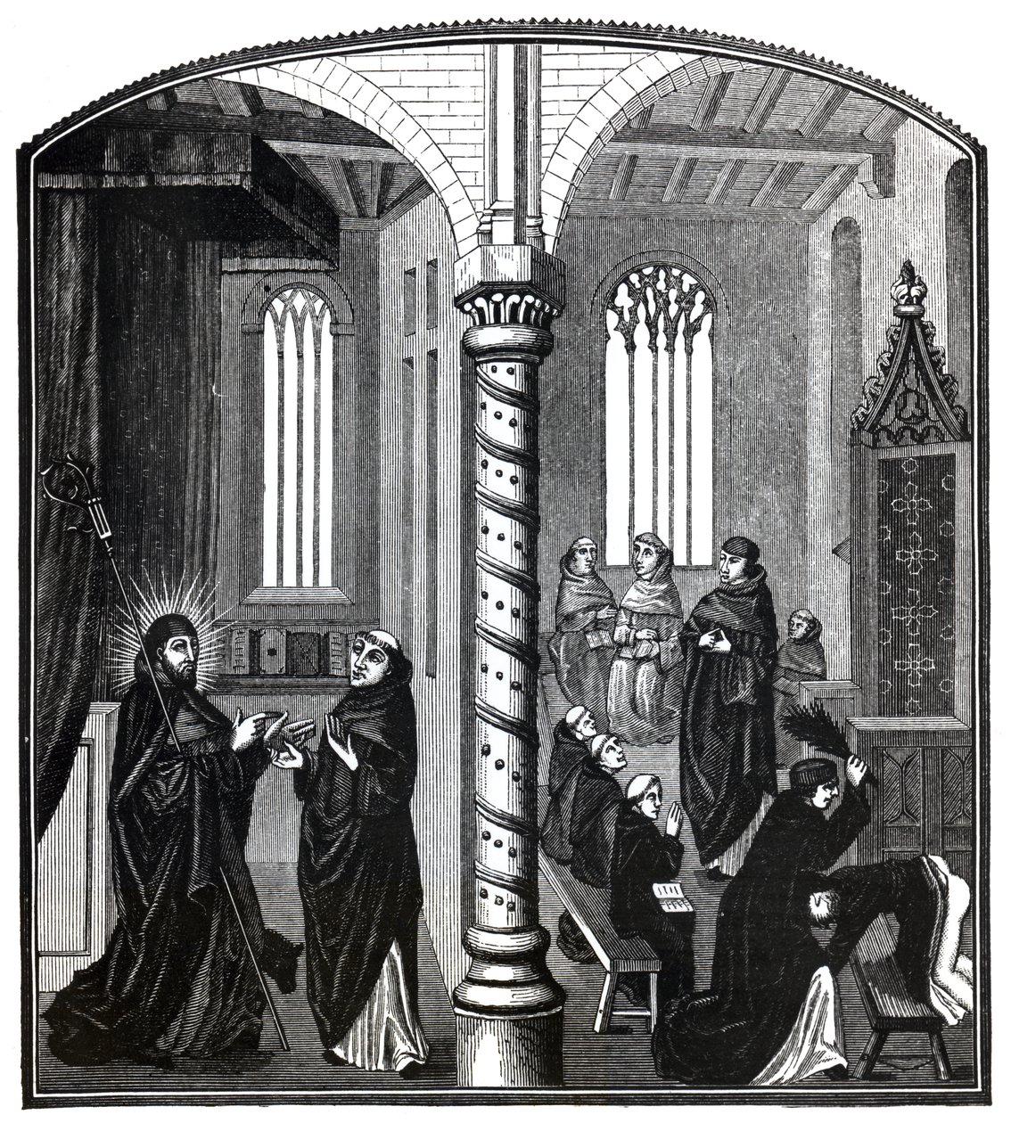 A Birching in a School of Mendicant Monks, fra Ms.21,252, illustrasjon fra 