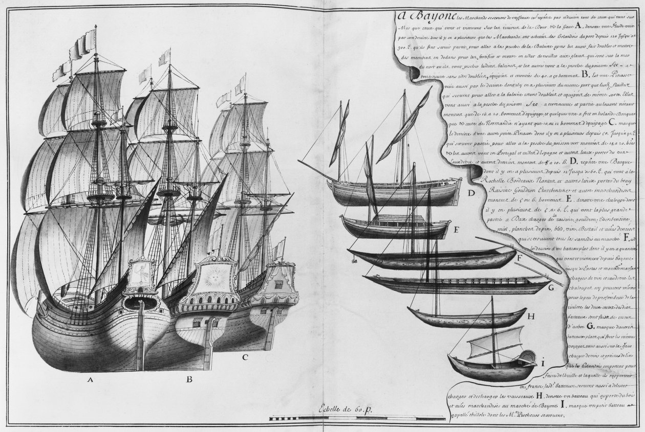 Et nederlandsk butikkskip, båter kjent som pinasses og forskjellige småbåter, Bayonne, illustrasjon fra 