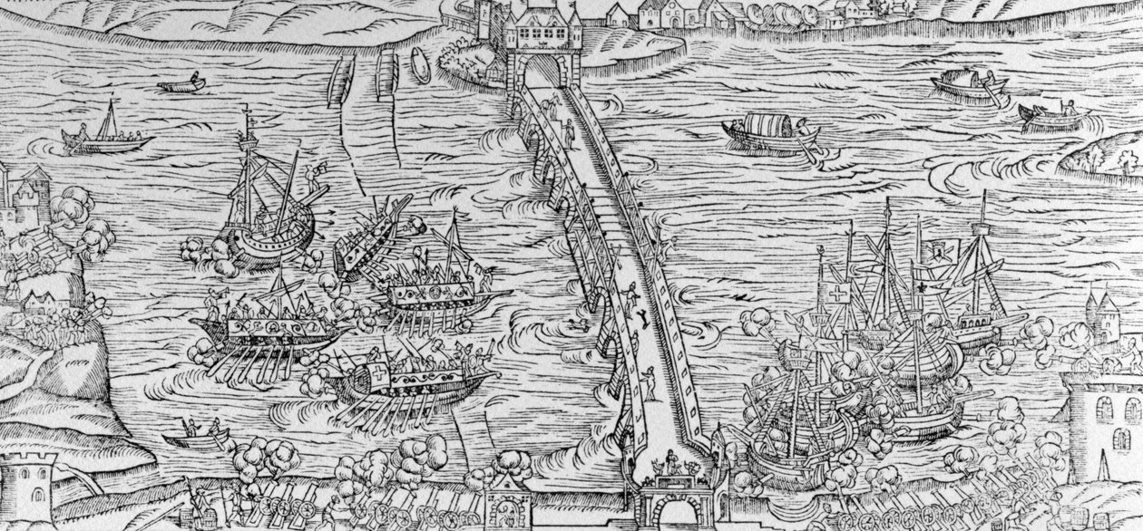 En rekonstruksjon av et sjøslag utført på elven Seinen foran Henri IV i 1596, illustrasjon fra 