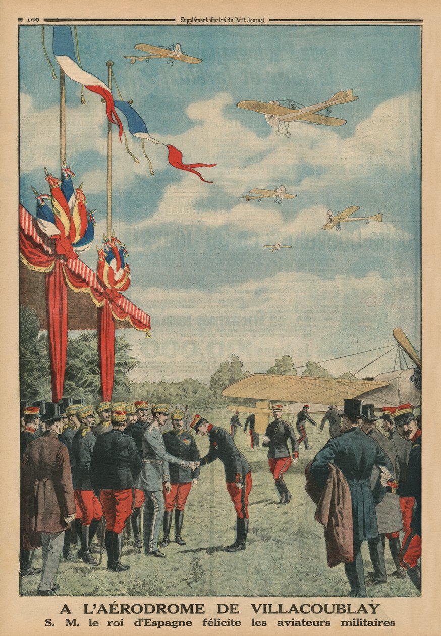 På Villacoublay flyplass gratulerer H. M. Alfonso XIII, konge av Spania, flyvåpenets flygere, baksideillustrasjon fra 